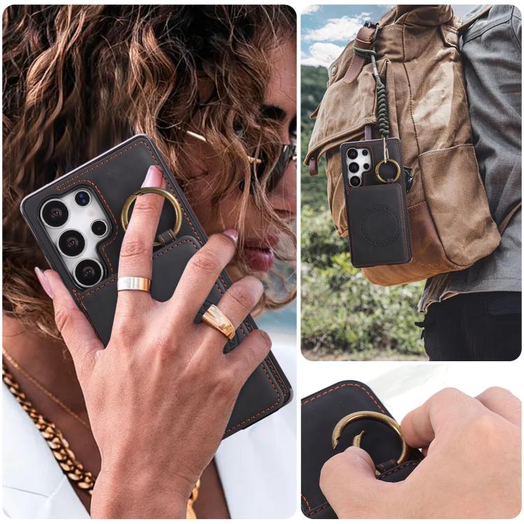For Samsung Galaxy S25 Ultra 5G Car Magnetic Ring Buckle Card Bag Phone Case with Lanyard