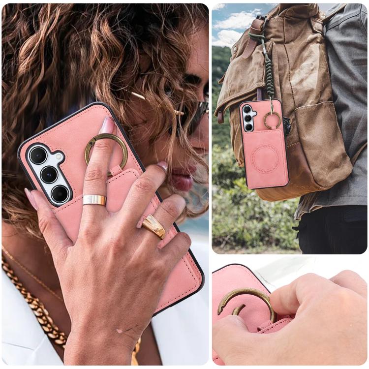 For Samsung Galaxy A55 5G Car Magnetic Ring Buckle Card Bag Phone Case with Lanyard