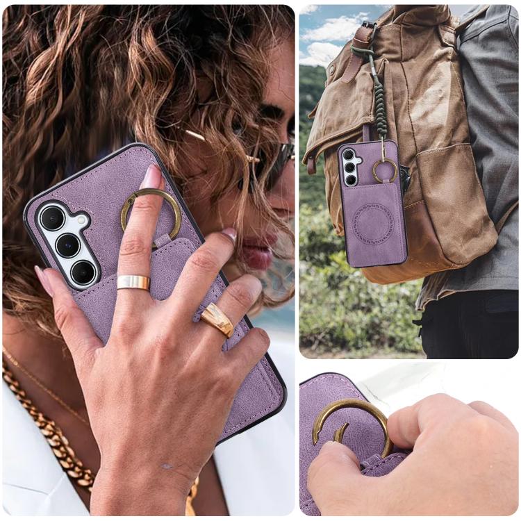 For Samsung Galaxy A55 5G Car Magnetic Ring Buckle Card Bag Phone Case with Lanyard
