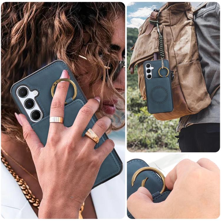 For Samsung Galaxy A55 5G Car Magnetic Ring Buckle Card Bag Phone Case with Lanyard