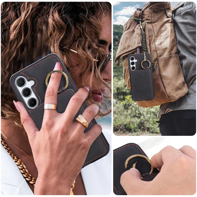 For Samsung Galaxy A55 5G Car Magnetic Ring Buckle Card Bag Phone Case with Lanyard