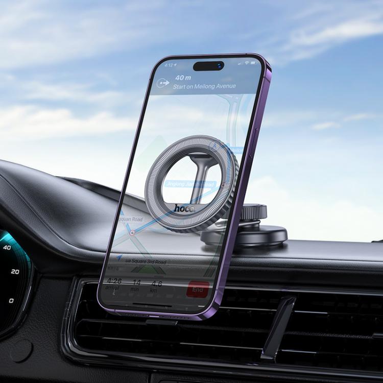 hoco H77 View Center Console Folding Magnetic Ring Car Phone Holder - Black Grey