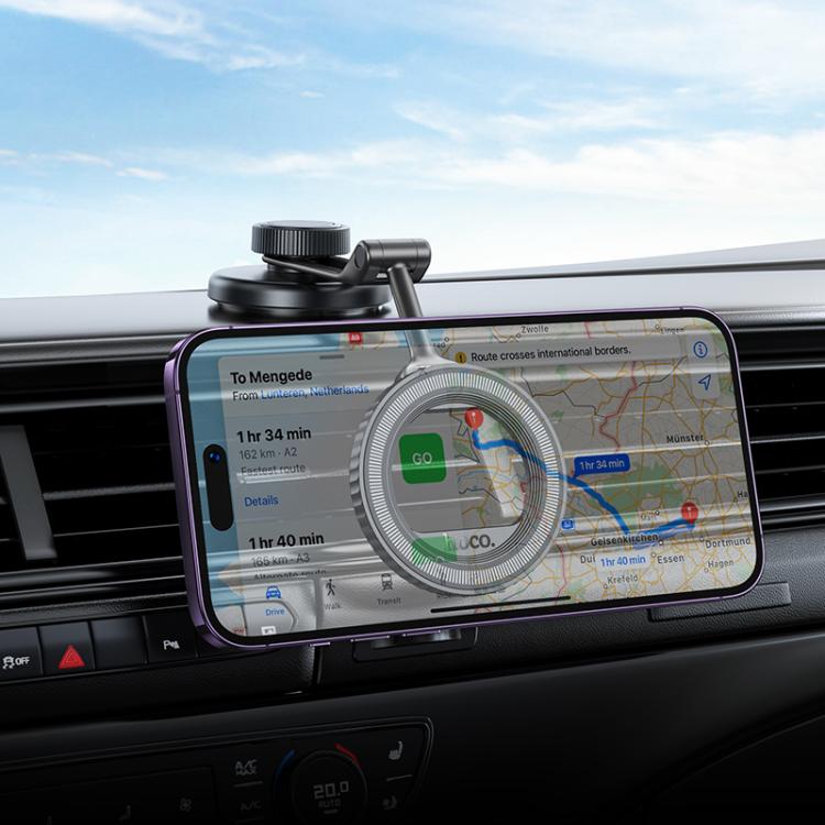hoco H77 View Center Console Folding Magnetic Ring Car Phone Holder - Black Grey