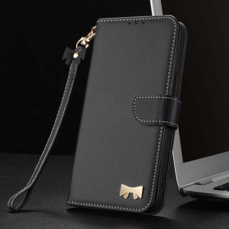 For Redmi Note 14 Pro 4G Global Metal Bow Leather Phone Case with Hand Strap