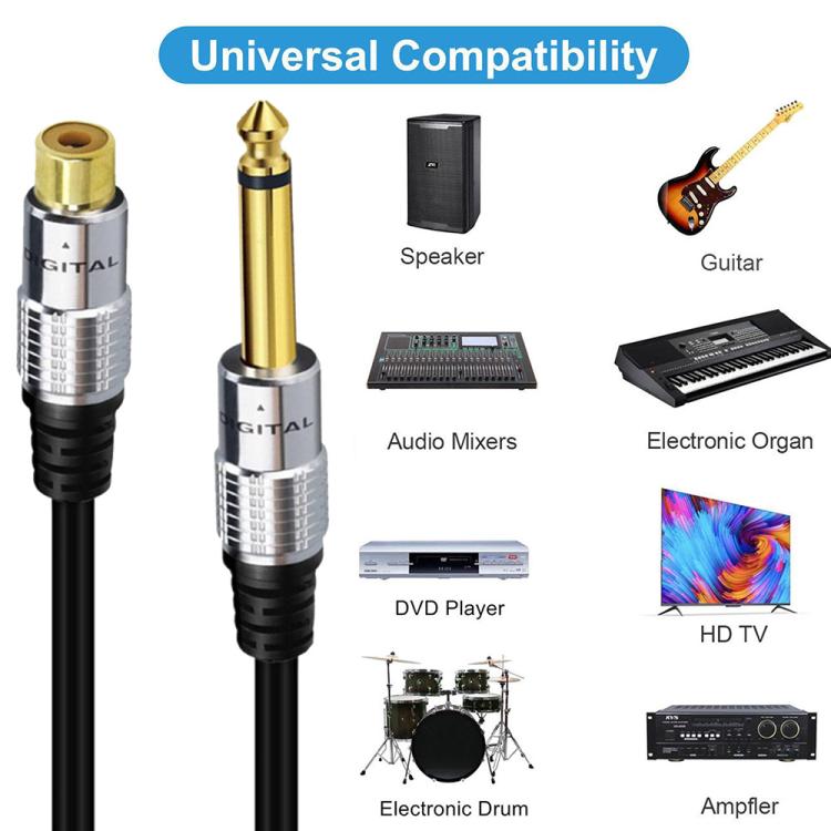 6.35mm Mono Plug Male to RCA Female Audio Adapter Cable for Ampfler, Speaker, Guitar, Length:1.8m - Black