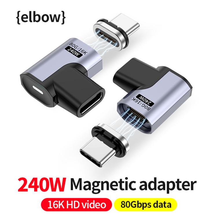 Type-C Male to Female PD240W 80Gbps 60K Magnetic Suction Adapter, Style:Elbow Head - Space Grey