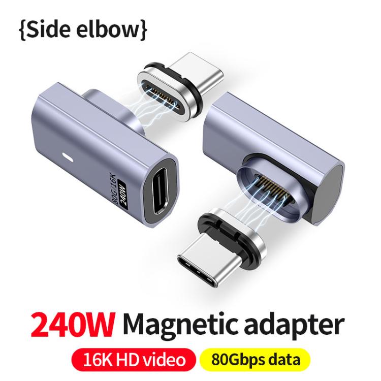 Type-C Male to Female PD240W 80Gbps 60K Magnetic Suction Adapter, Style:Side Elbow - Space Grey