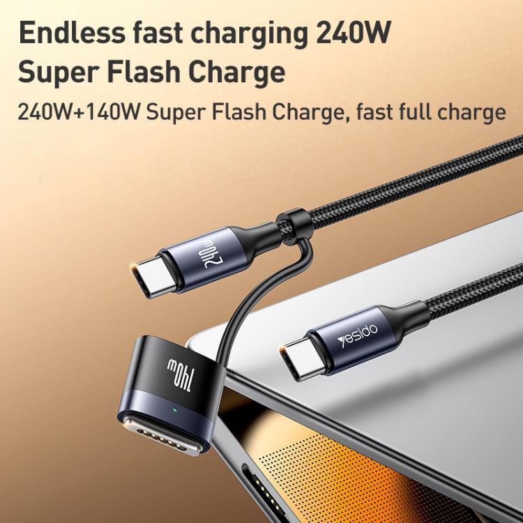 Yesido CA197 2 in 1 240W Type-C to Type-C and MagSafe 3 Magnetic Charging Data Cable, Length: 2m - Black