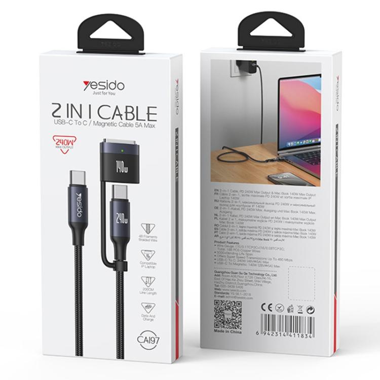 Yesido CA197 2 in 1 240W Type-C to Type-C and MagSafe 3 Magnetic Charging Data Cable, Length: 2m - Black