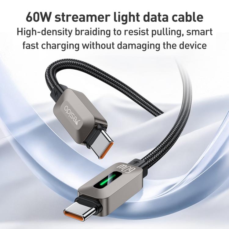 Yesido CA198 60W Type-C to Type-C Streamer Light Data Cable, Length: 1.2m - Grey