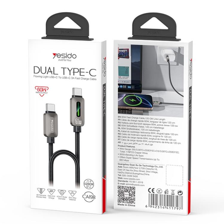 Yesido CA198 60W Type-C to Type-C Streamer Light Data Cable, Length: 1.2m - Grey