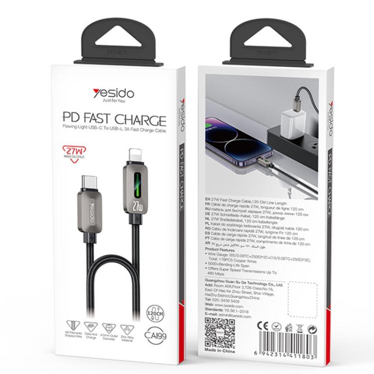 Yesido CA199 27W Type-C to 8 Pin Streamer Light Data Cable, Length: 1.2m - Grey