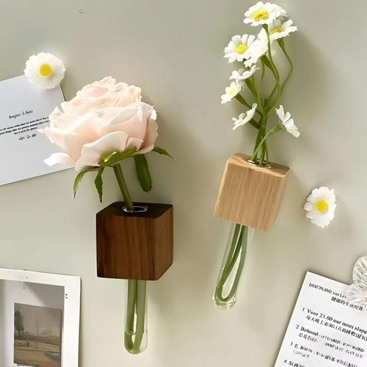 3.5x3.5cm Solid Wood Fridge Magnet Creative Hydroponic Glass Flower Arrangement - Walnut + Magnet + Tube