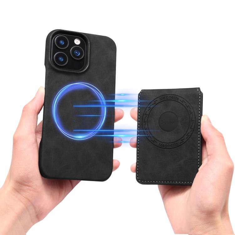 For iPhone 15 Plus Denior D28 Retro Texture RFID MagSafe Vertical Flip Card-slot Phone Case