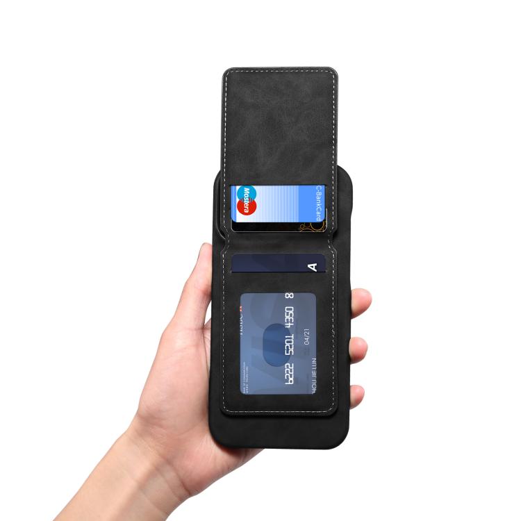 For iPhone 15 Plus Denior D28 Retro Texture RFID MagSafe Vertical Flip Card-slot Phone Case