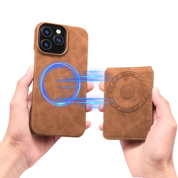 For iPhone 15 Plus Denior D28 Retro Texture RFID MagSafe Vertical Flip Card-slot Phone Case