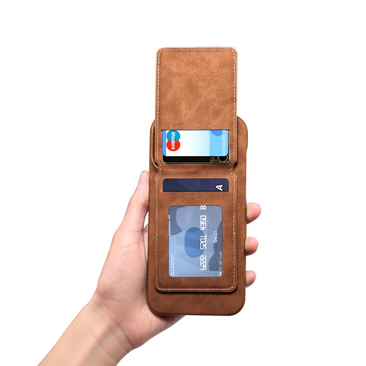 For iPhone 15 Plus Denior D28 Retro Texture RFID MagSafe Vertical Flip Card-slot Phone Case