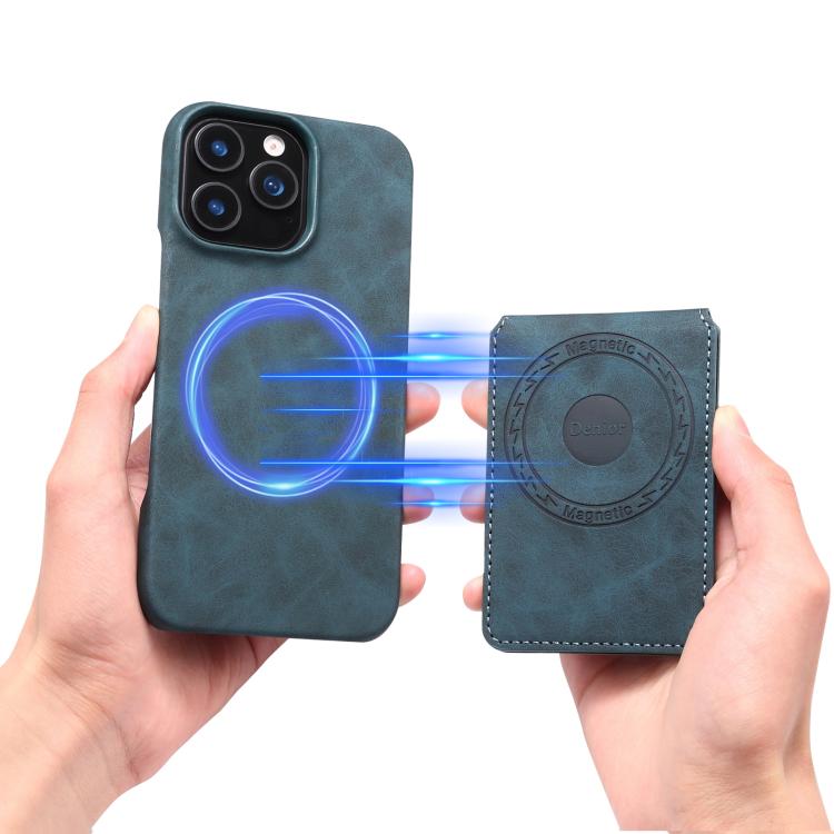 For iPhone 15 Plus Denior D28 Retro Texture RFID MagSafe Vertical Flip Card-slot Phone Case