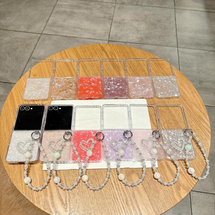 For Samsung Galaxy Z Flip7 5G Pearlescent Shell Texture Heart Pattern Phone Case with Bracelet