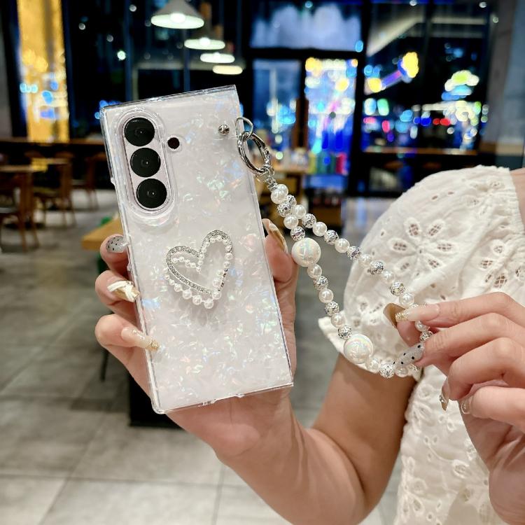 For Samsung Galaxy Z Fold7 5G Pearlescent Shell Texture Heart Pattern Phone Case with Bracelet