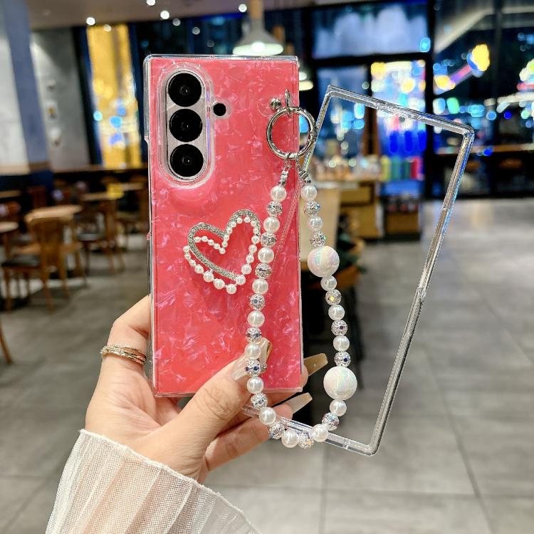 For Samsung Galaxy Z Fold7 5G Pearlescent Shell Texture Heart Pattern Phone Case with Bracelet