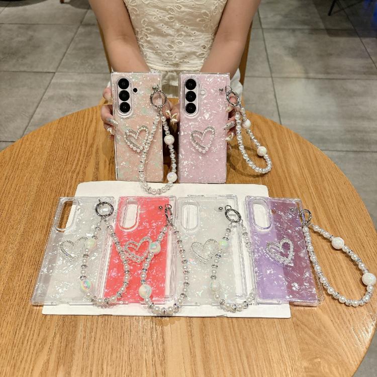 For Samsung Galaxy Z Fold7 5G Pearlescent Shell Texture Heart Pattern Phone Case with Bracelet