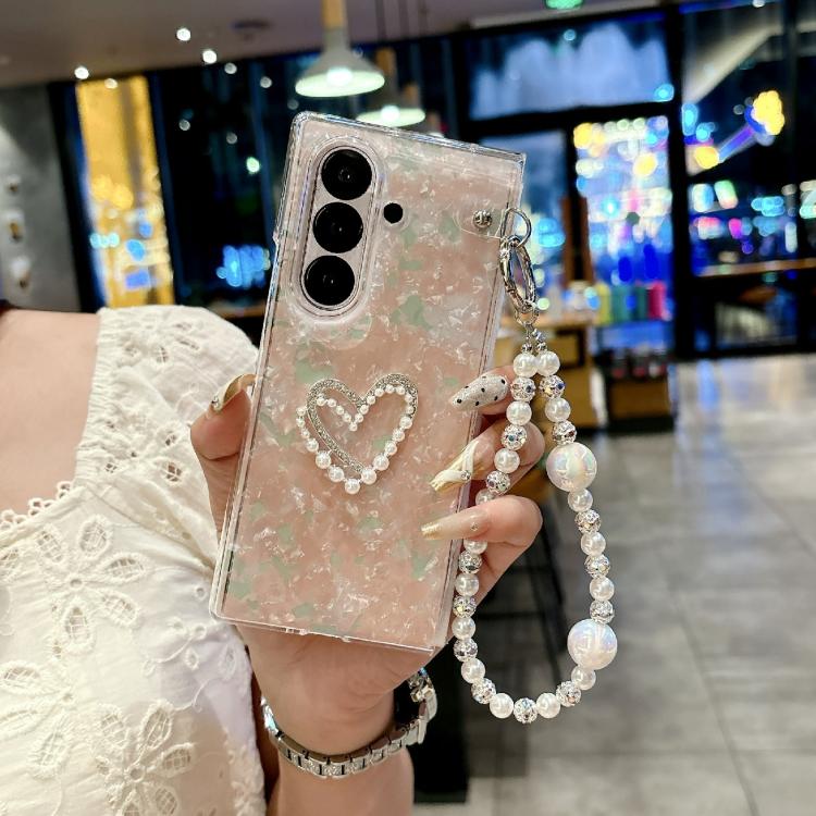 For Samsung Galaxy Z Fold7 5G Pearlescent Shell Texture Heart Pattern Phone Case with Bracelet