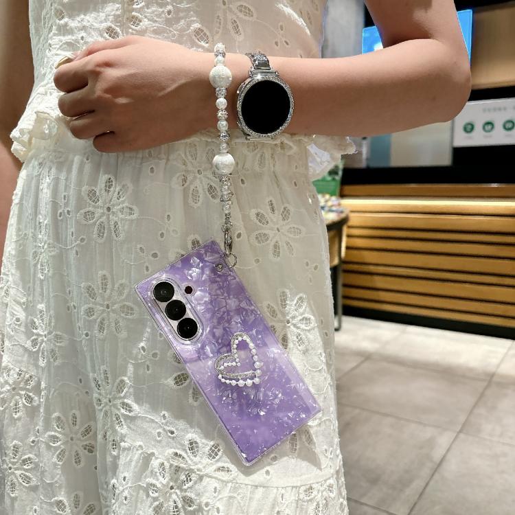 For Samsung Galaxy Z Fold7 5G Pearlescent Shell Texture Heart Pattern Phone Case with Bracelet