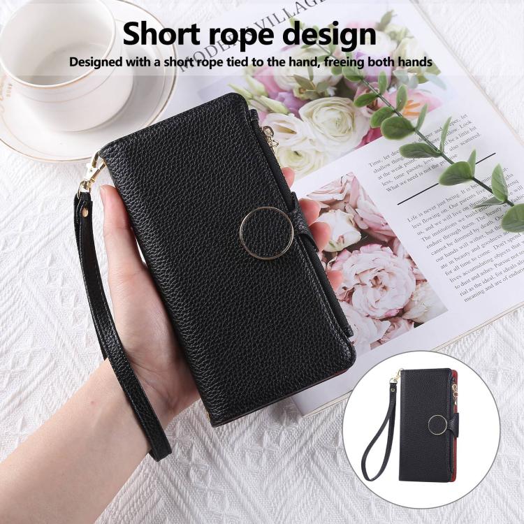 For iPhone 16 Pro Round Buckle Zipper Wallet Leather Phone Case with Crossbody Strap