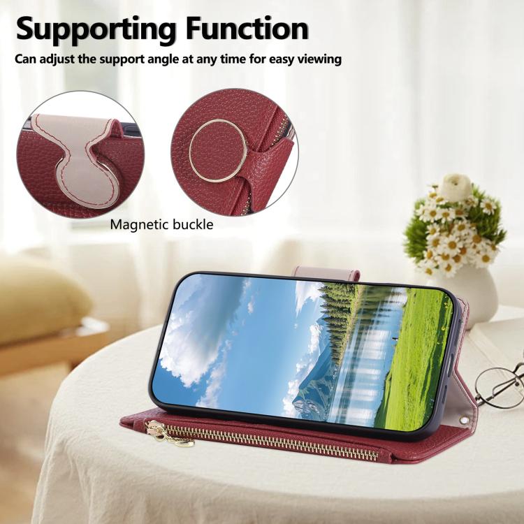 For iPhone 15 Plus Round Buckle Zipper Wallet Leather Phone Case with Crossbody Strap