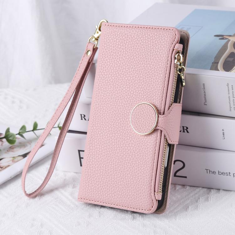 For iPhone 14 Plus Round Buckle Zipper Wallet Leather Phone Case with Crossbody Strap
