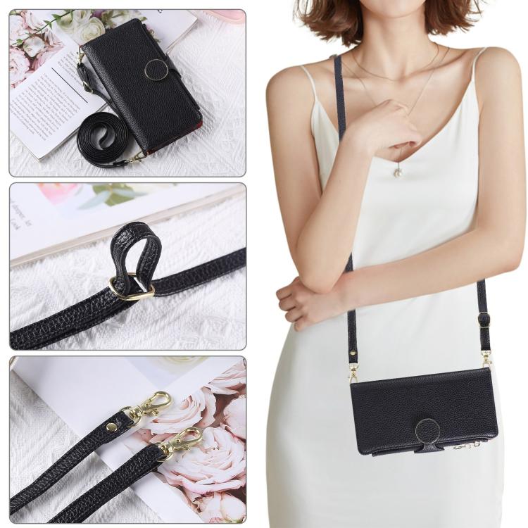 For iPhone 14 Plus Round Buckle Zipper Wallet Leather Phone Case with Crossbody Strap