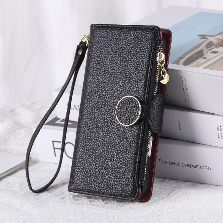 For iPhone 13 Pro Round Buckle Zipper Wallet Leather Phone Case with Crossbody Strap