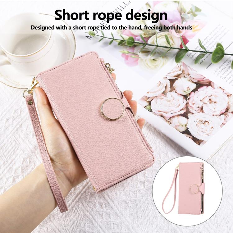 For iPhone 11 Pro Max Round Buckle Zipper Wallet Leather Phone Case with Crossbody Strap