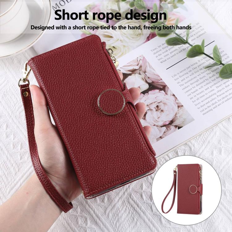 For iPhone 11 Pro Max Round Buckle Zipper Wallet Leather Phone Case with Crossbody Strap