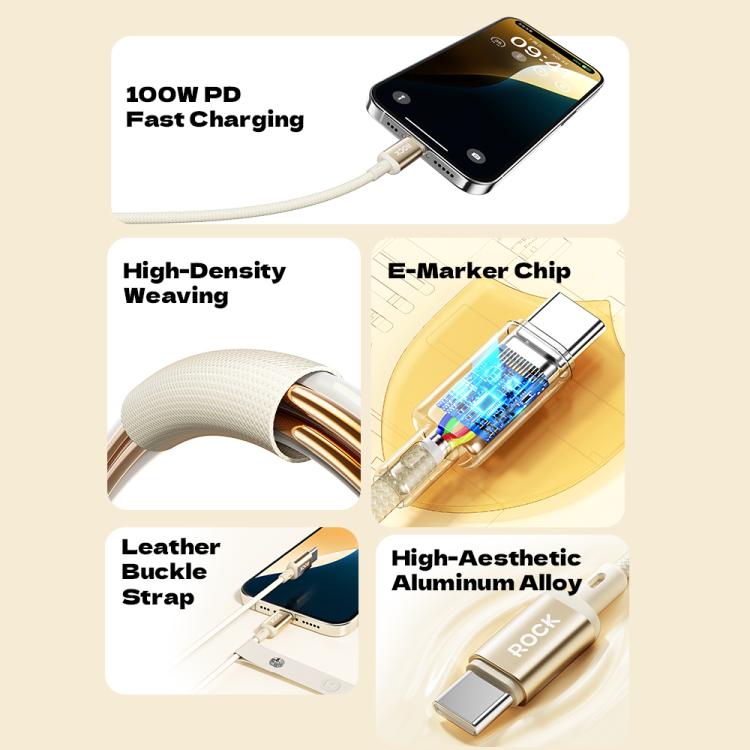 ROCK R18 Type-C to Type-C PD100W Metal Braided Fast Charging Data Cable, Length:1m - Beige