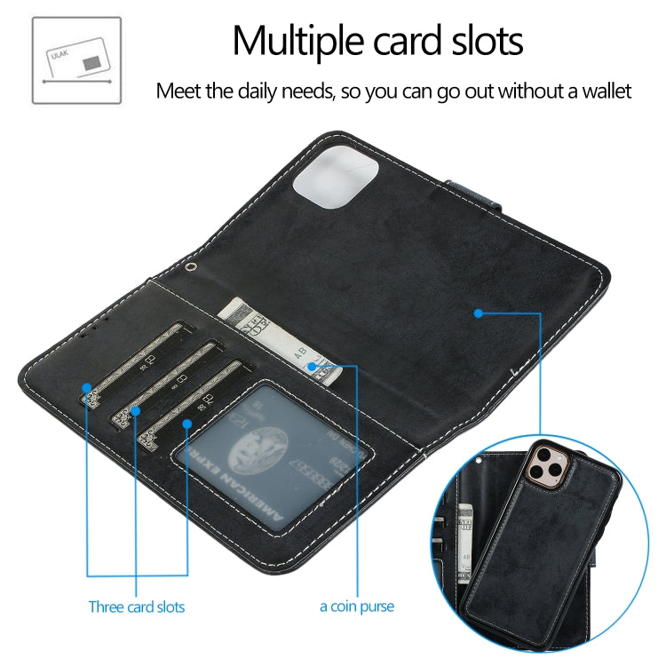 For iPhone 11 Pro KLT888-2 Retro 2 in 1 Detachable Magnetic Horizontal Flip TPU + PU Leather Case with Holder & Card Slots & Photo Frame & Wallet