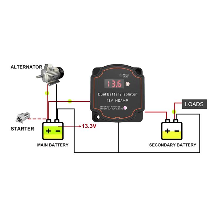 IP68 12V 140A Car Smart Dual Battery Isolation Controller with Digital Display Voltmeter, Type:3m Set
