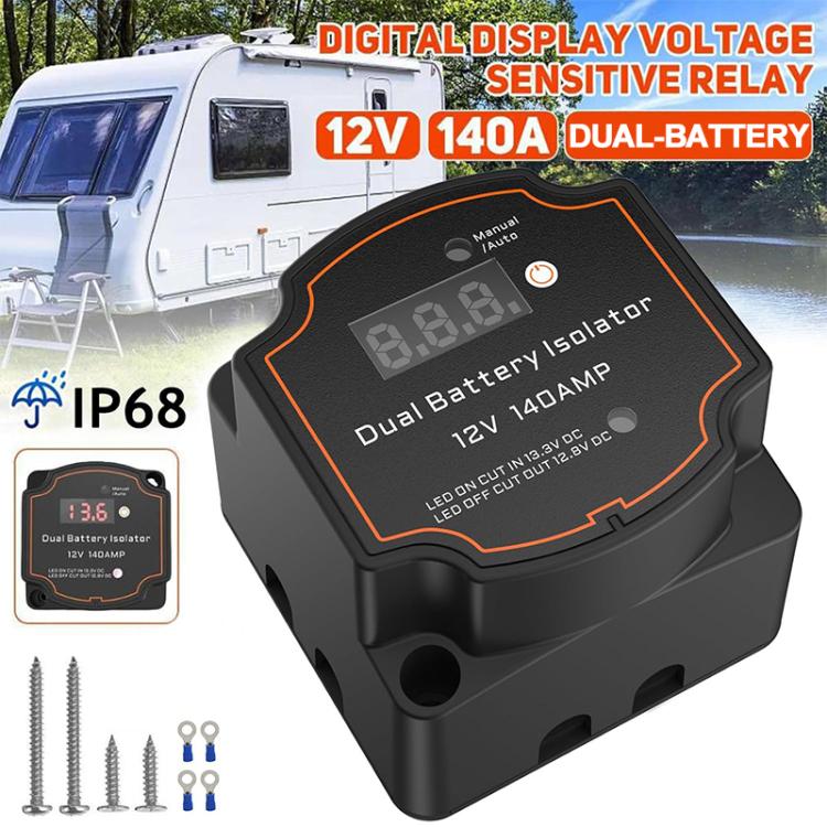 IP68 12V 140A Car Smart Dual Battery Isolation Controller with Digital Display Voltmeter, Type:8m Set
