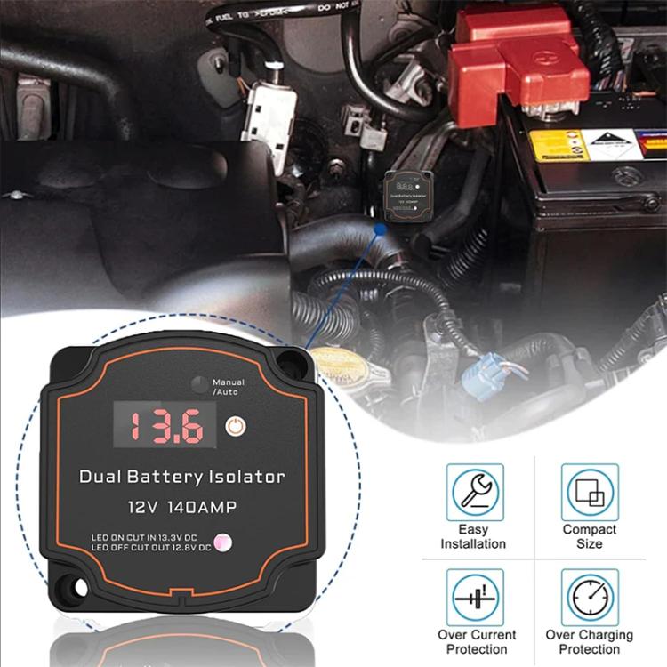 IP68 12V 140A Car Smart Dual Battery Isolation Controller with Digital Display Voltmeter, Type:8m Set