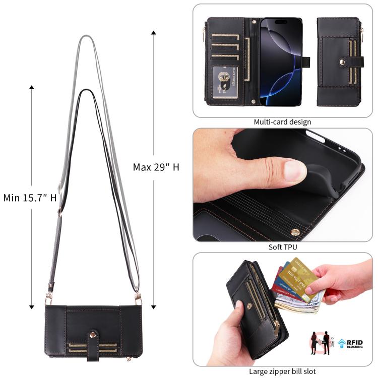 For iPhone 17e / 16e Crossbody Strap RFID Blocking Zipper Wallet Leather Phone Case