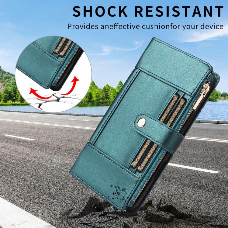 For iPhone 16 Pro Crossbody Strap RFID Blocking Zipper Wallet Leather Phone Case