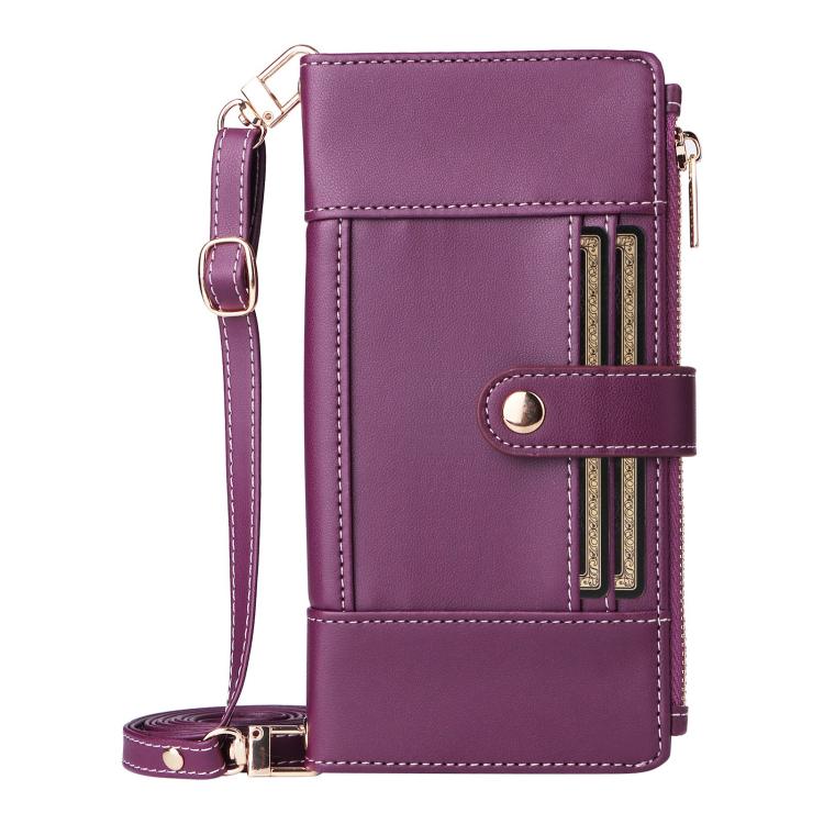 For iPhone 16 Pro Crossbody Strap RFID Blocking Zipper Wallet Leather Phone Case