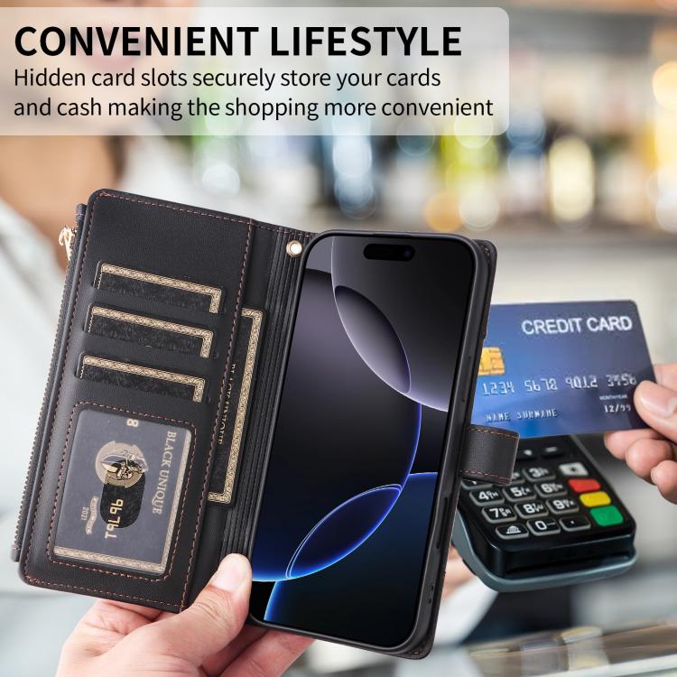 For iPhone 16 Plus Crossbody Strap RFID Blocking Zipper Wallet Leather Phone Case