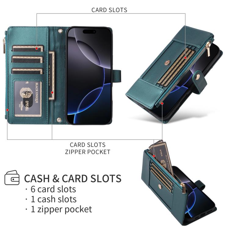 For iPhone 16 Plus Crossbody Strap RFID Blocking Zipper Wallet Leather Phone Case