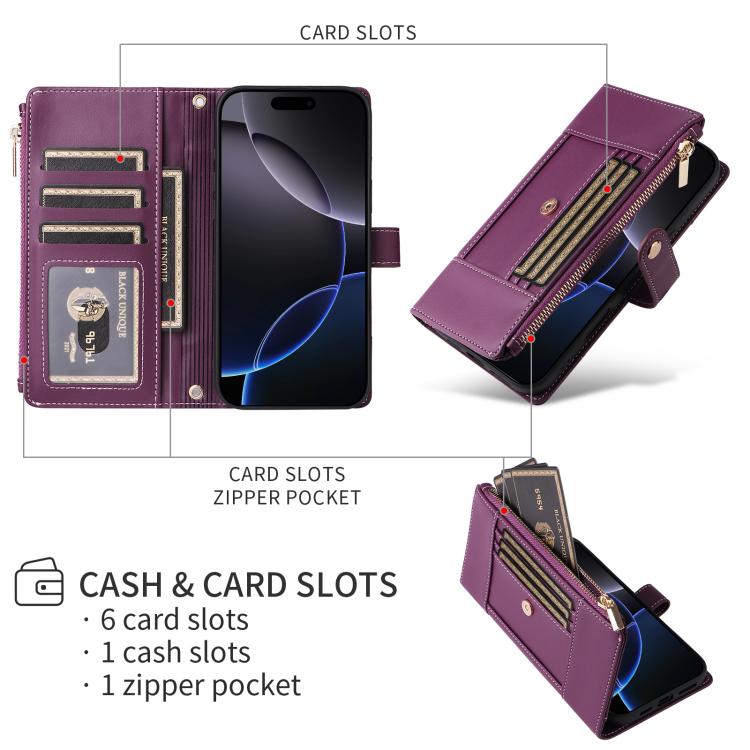 For iPhone 16 Plus Crossbody Strap RFID Blocking Zipper Wallet Leather Phone Case