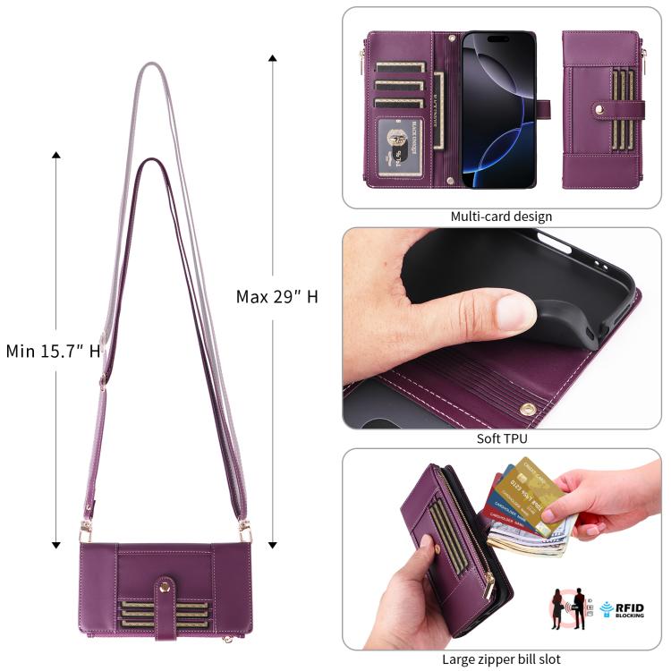 For iPhone 16 Plus Crossbody Strap RFID Blocking Zipper Wallet Leather Phone Case