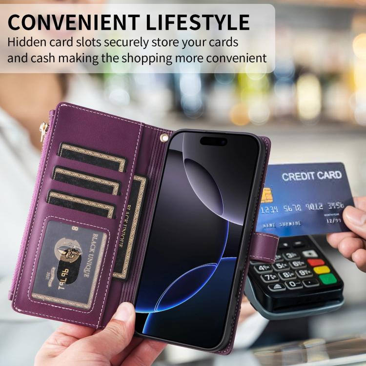 For iPhone 16 Crossbody Strap RFID Blocking Zipper Wallet Leather Phone Case