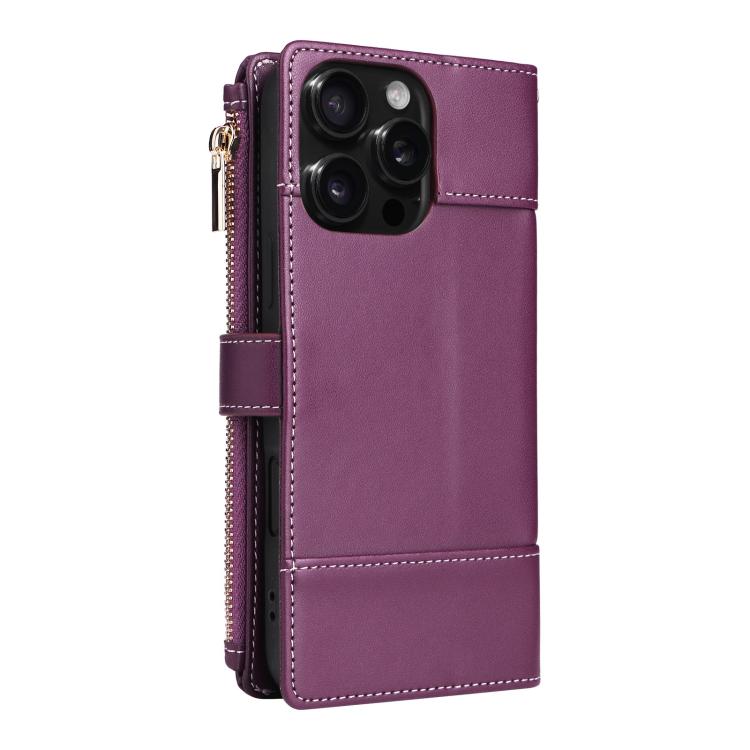 For iPhone 15 Pro Crossbody Strap RFID Blocking Zipper Wallet Leather Phone Case