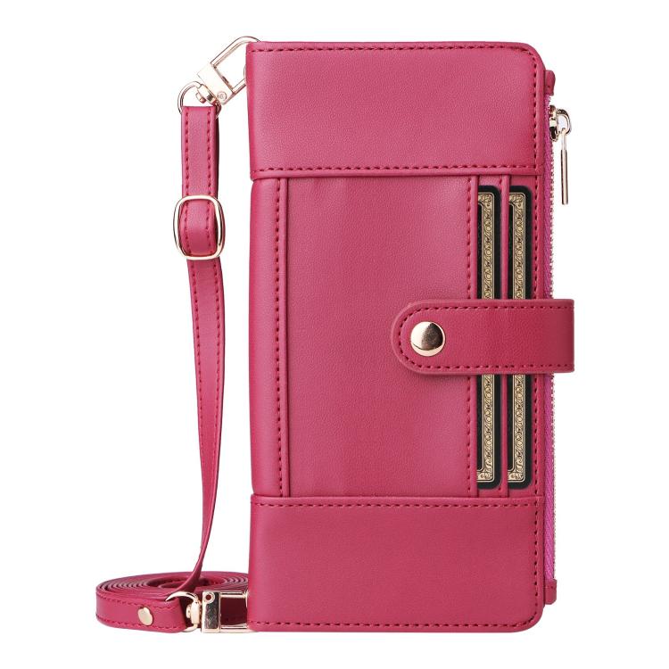For iPhone 15 Pro Crossbody Strap RFID Blocking Zipper Wallet Leather Phone Case